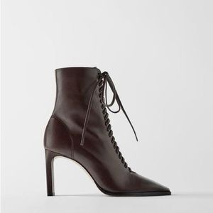 ZARA Lace-up Leather High Heel Ankle Boots Brown
